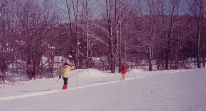 Cross-country skiers leaving from the inn, 1980s